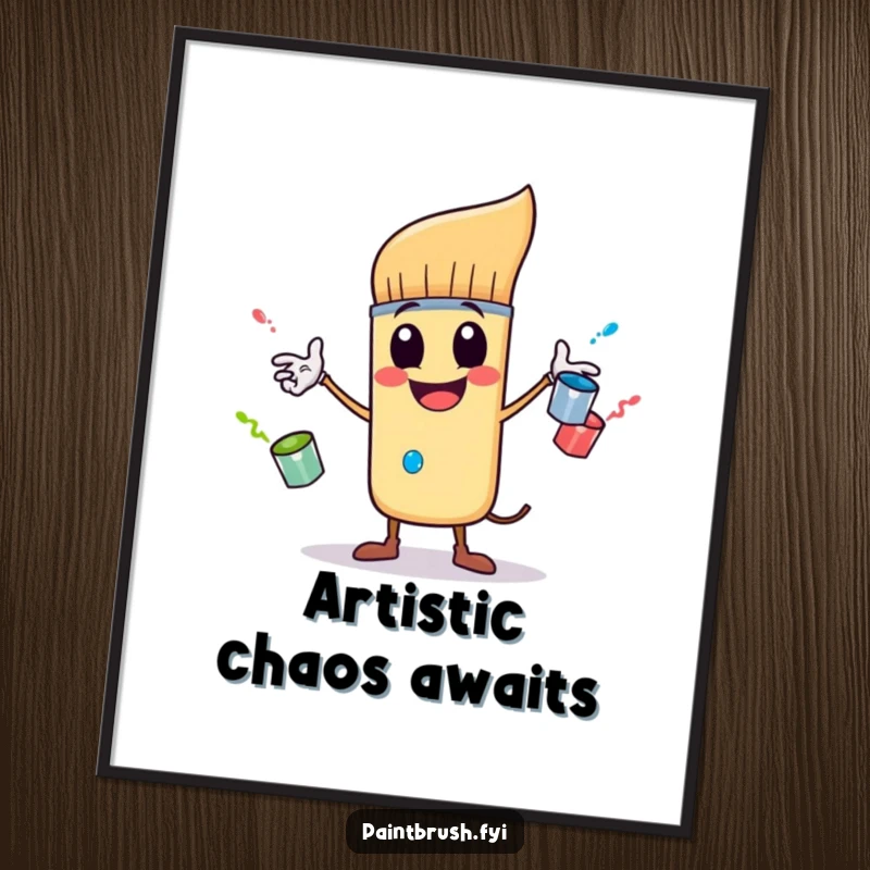 Funny digital art print of a cheerful paintbrush character skillfully juggling three tiny, bouncing paint pots, perfect for immediate humorous decor.