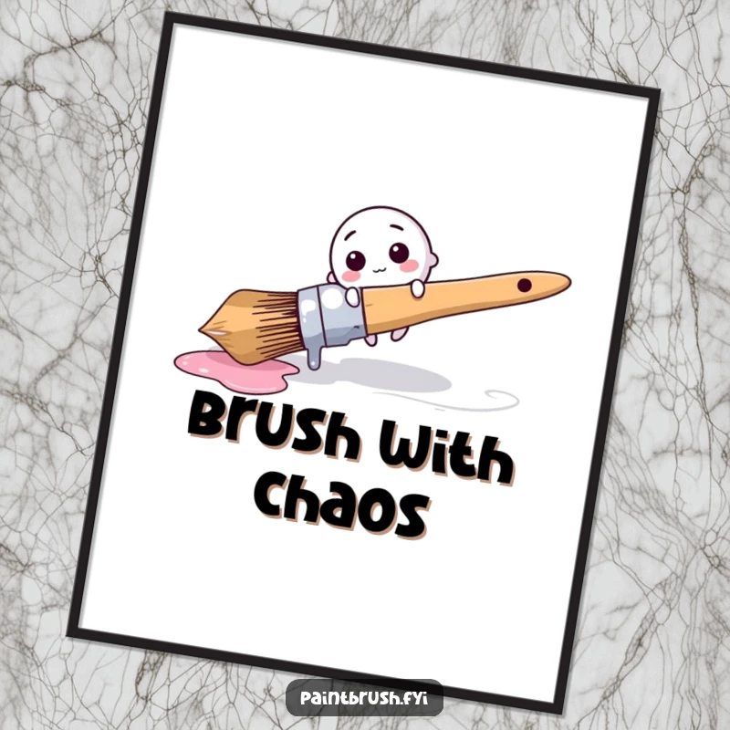 Funny Digital Art Print: Tiny round brush character comically tripping over a giant dripping paintbrush, humorous wall art.