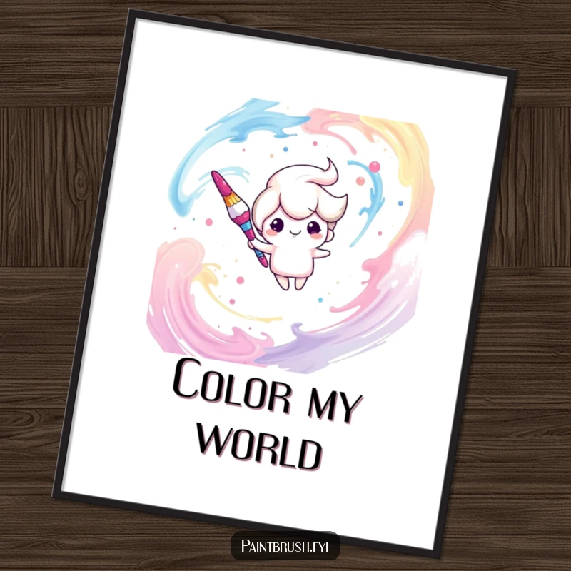 Funny digital art print of a dreamy paintbrush character floating weightlessly amidst vibrant, abstract paint swirls, ready to download.