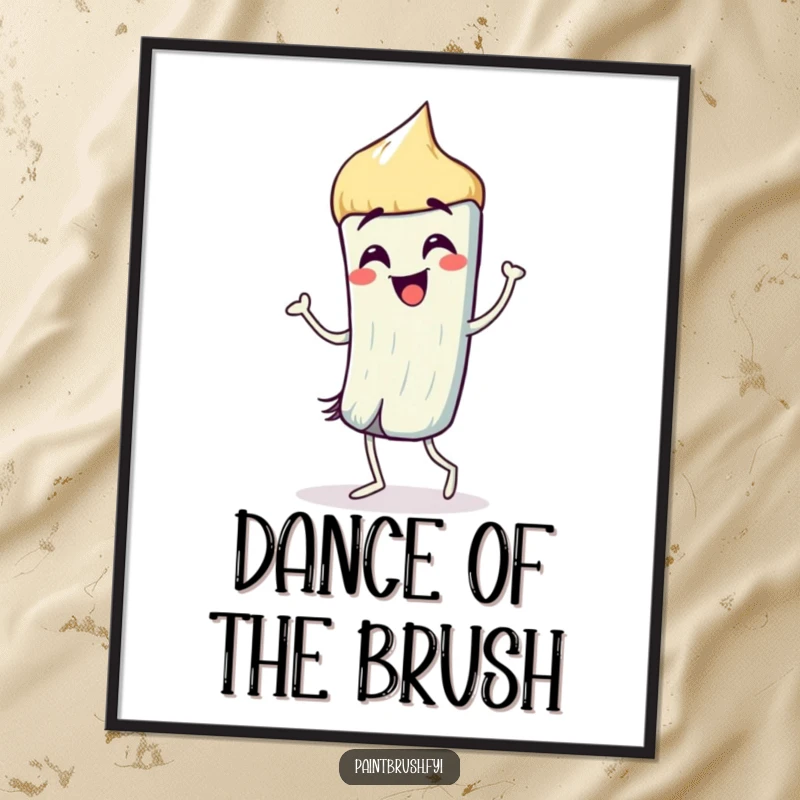 Funny Digital Art Print: A paintbrush character doing a silly dance with vibrant, lively strokes, depicted humorously.