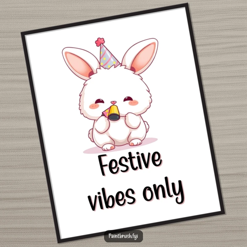 Funny Bunny Digital Art Print of a happy character in a party hat blowing a noisemaker, ideal for instant festive decor.