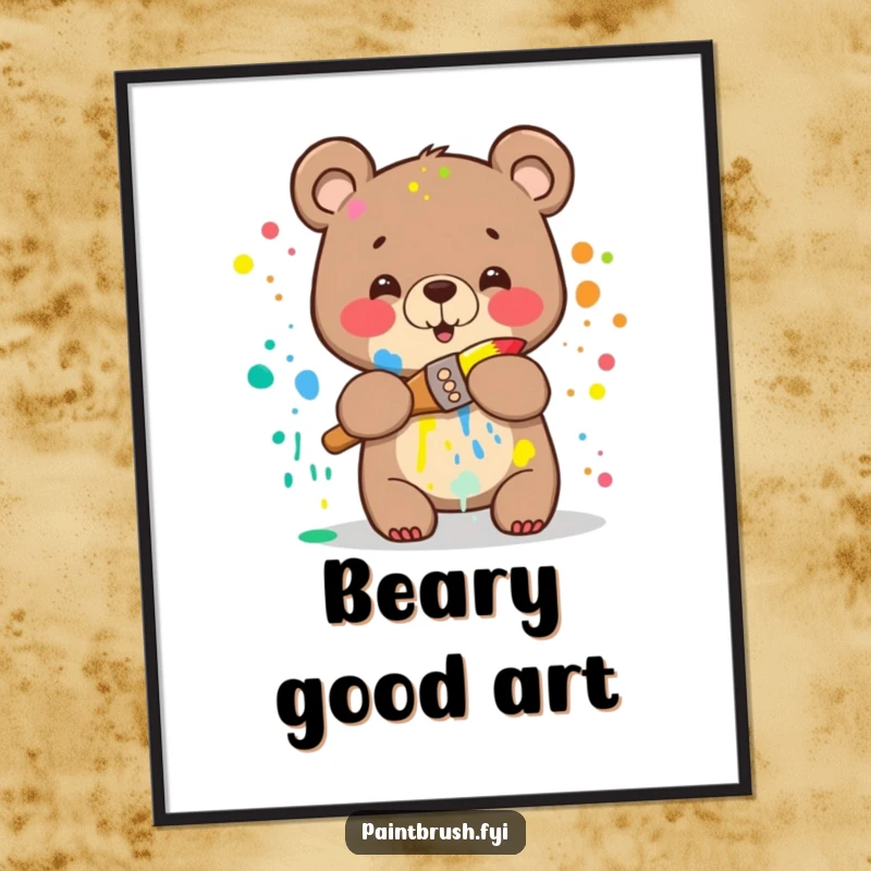 Funny Bear Digital Art Print: A happy bear splattered with rainbow paint attempting to hug a paintbrush, offering instant humor and artistic flair.