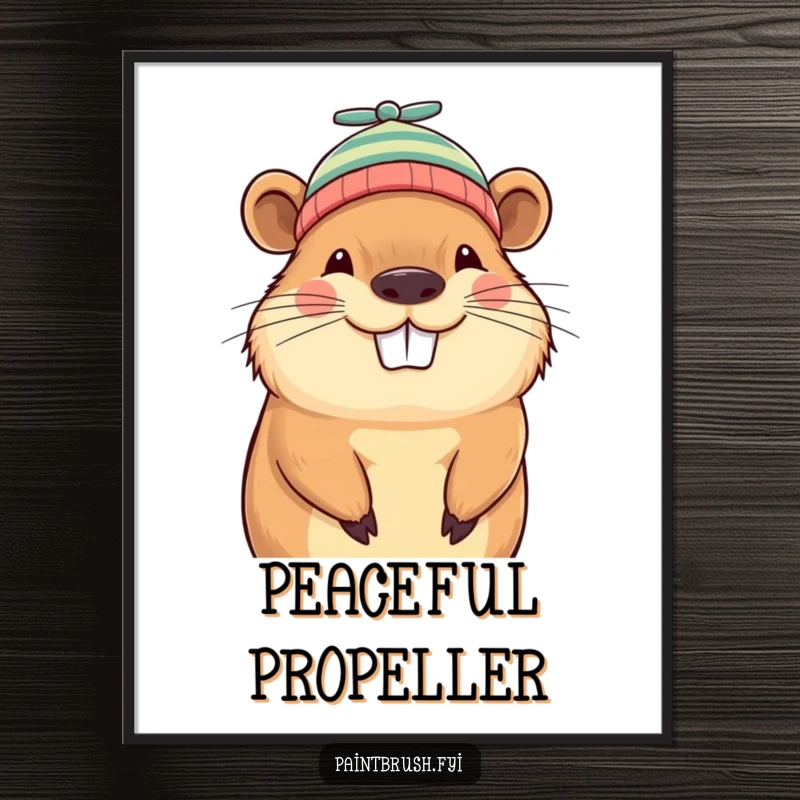 Funny capybara beanie digital art print, grinning capybara wearing a tiny propeller beanie, conveying playful charm and humor.