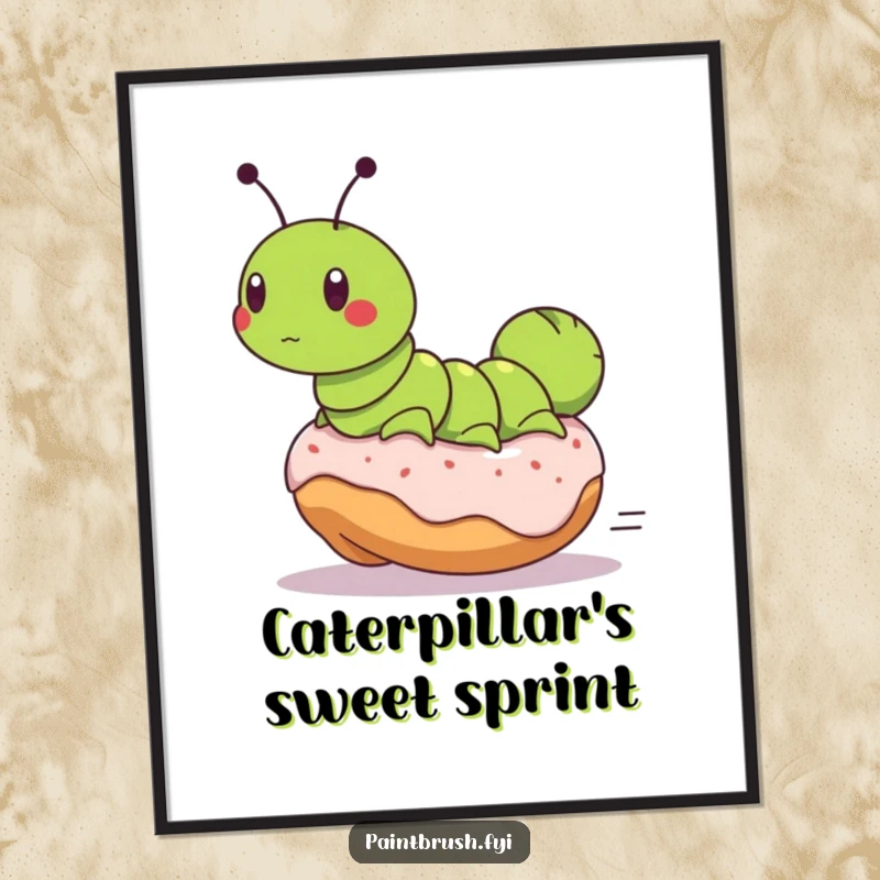 Funny digital art print of a determined caterpillar riding a runaway rolling donut, perfect for instant download and cheerful home decor.