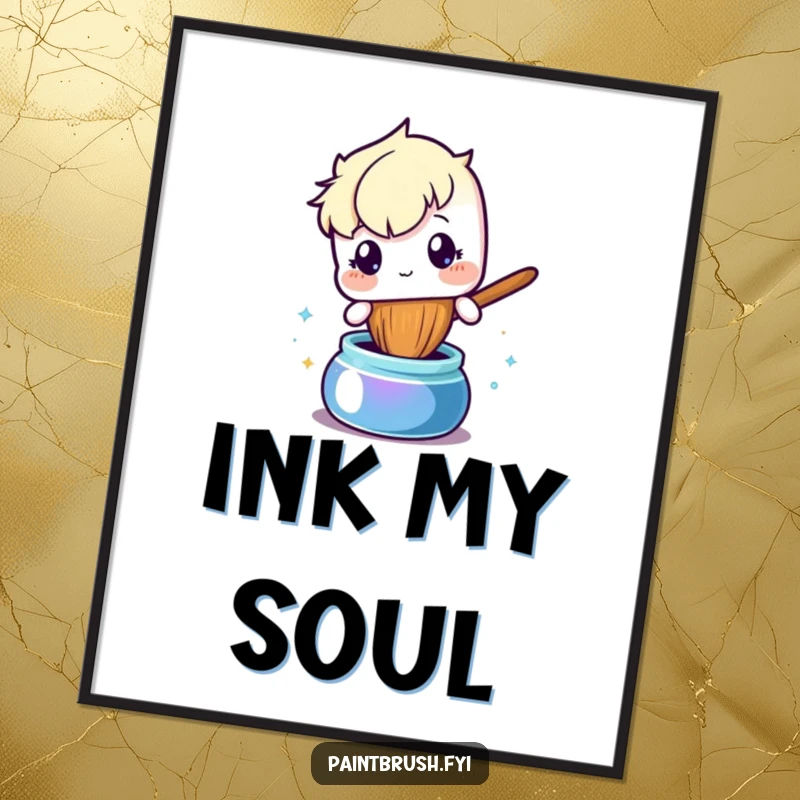 Funny digital art print of a curious paintbrush character exploring a shimmering pot of ink, ready for download.