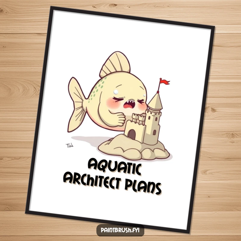 Funny digital art print of a focused fish meticulously sculpting a miniature clay castle with its fins, ready for framing.