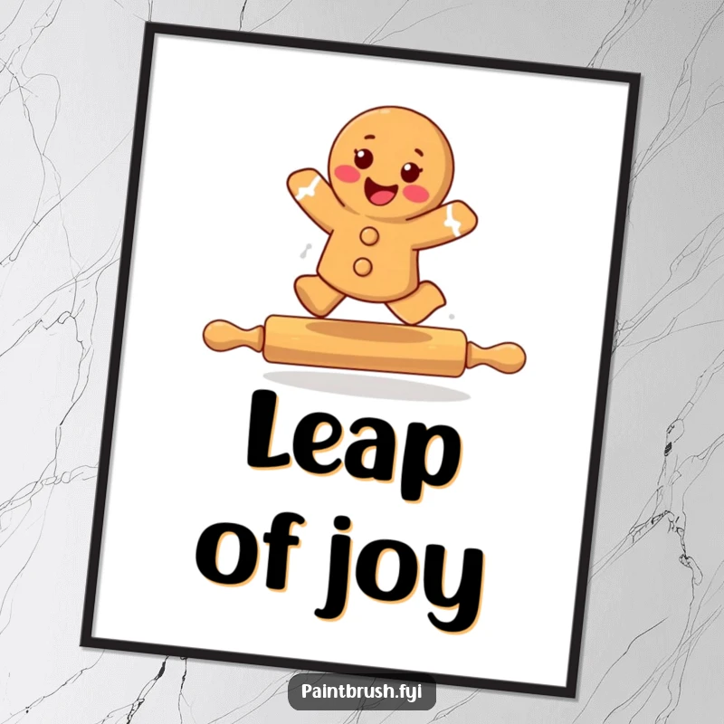 Funny gingerbread cookie character joyfully leaping over a rolling pin, a digital artwork radiating playful energy and sweet cheer.