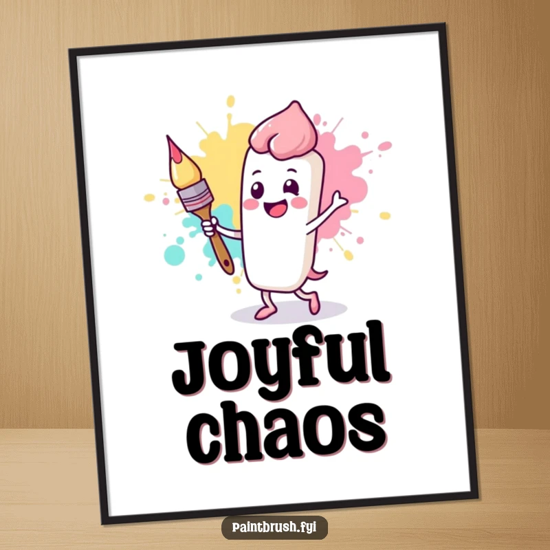 Funny digital art print of a happy paintbrush character dancing with a large, animated paint splotch, ready for download.