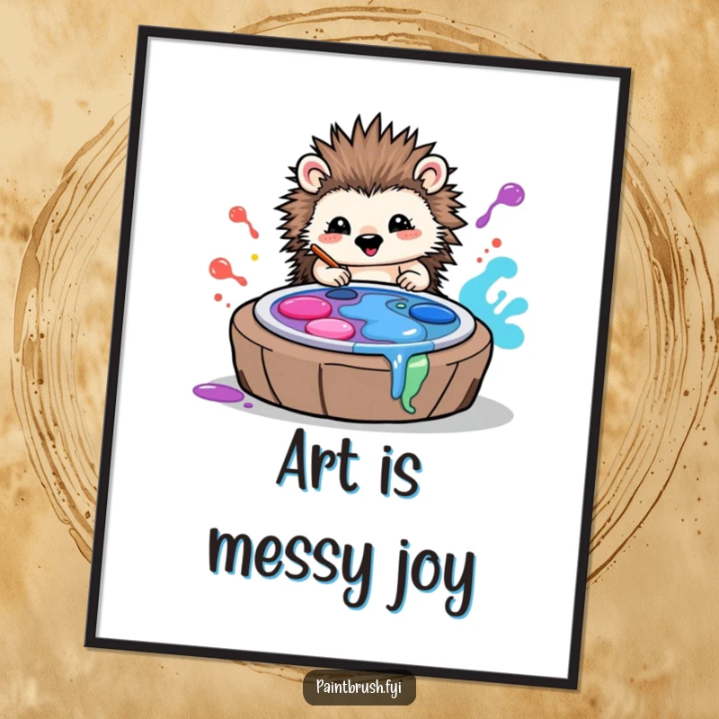 Funny digital art print of a joyful hedgehog artist creating colorful art by rolling in vibrant paint palettes, ready to be printed.