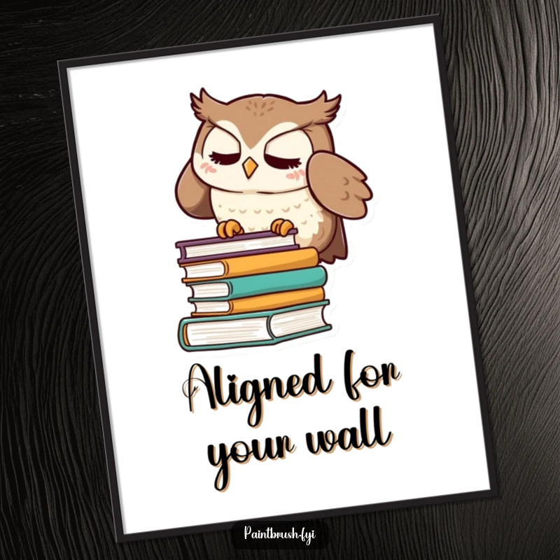Funny digital art print of a meticulous owl character straightening a stack of books, perfect for home or office decor.