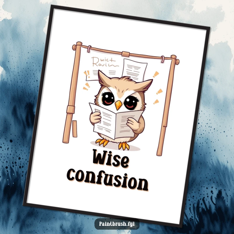 Funny owl digital art print of a confused owl trying to read instructions upside down on a canvas, ready to display.