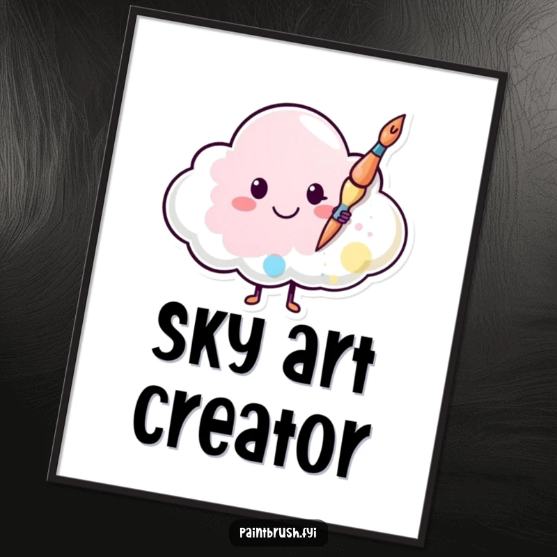 Funny digital art print of a happy paintbrush painting a smiley face onto a cloud, symbolizing joy and artistic creation.