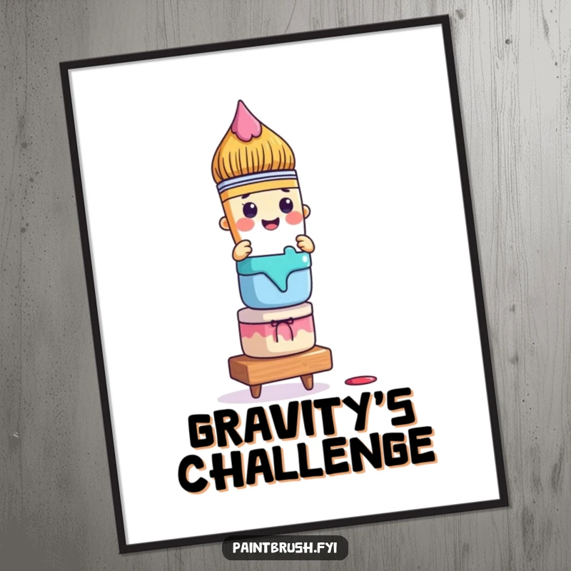 Funny paintbrush digital art print with a character precariously balancing colorful paint pots, perfect for instant artistic humor.