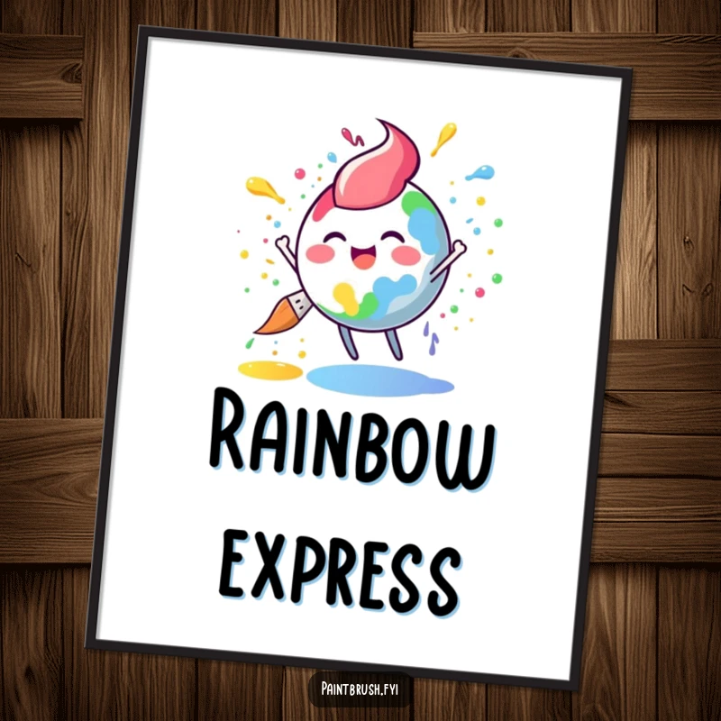 Funny paintbrush digital art print with a round character joyfully splattering rainbow paint, perfect for instant colorful decor.