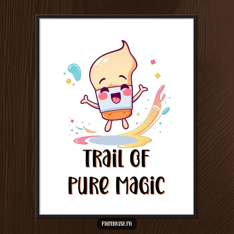 Funny Digital Art Print: An excited paintbrush character spinning with a trail of glittery paint, high-resolution artwork.