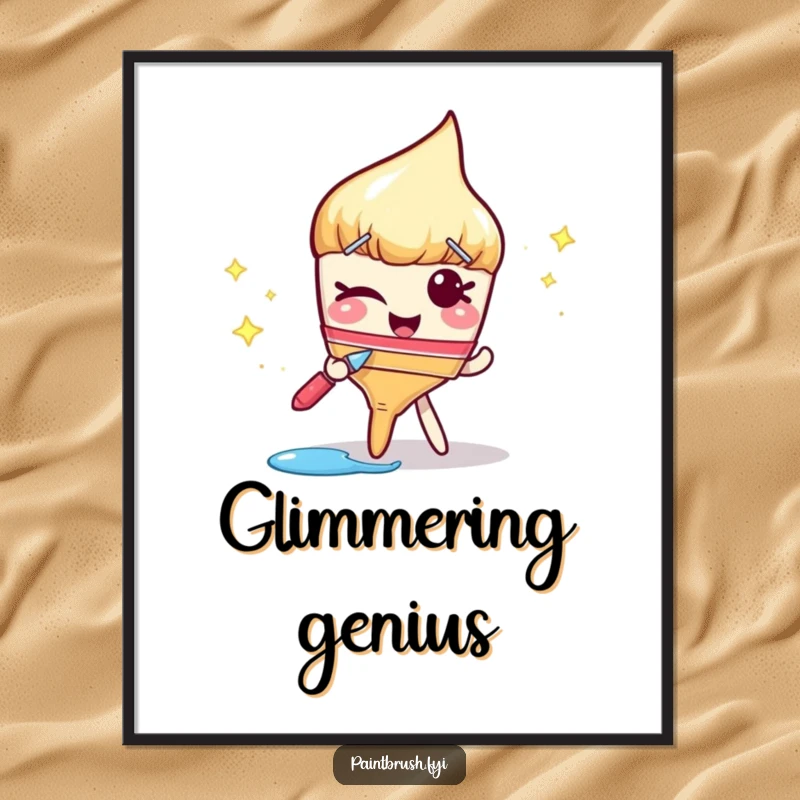 Funny digital art print of a winking paintbrush leaving a dazzling trail of sparkly paint, perfect for adding playful artistic charm.