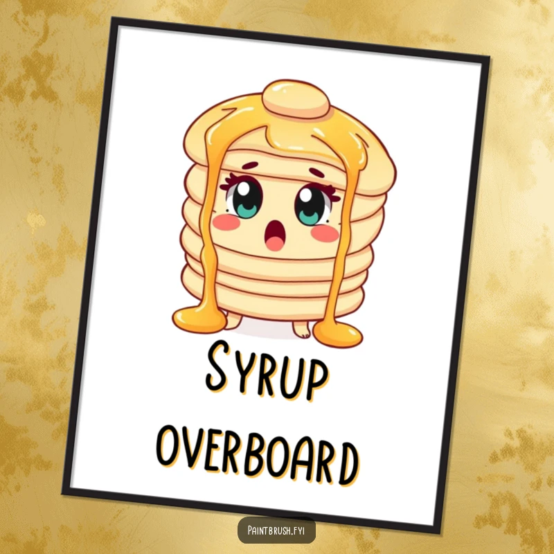 Funny Digital Art Print of a surprised pancake character with wide eyes, caught in spectacular syrup waterfalls.