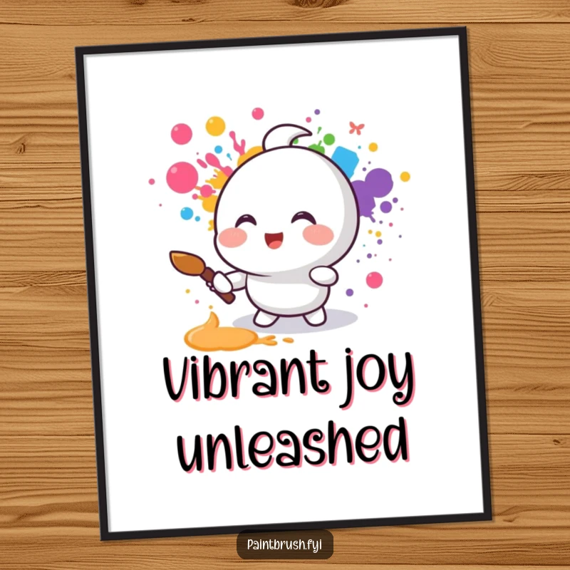 Funny digital art print of a small round character joyfully splattering rainbow colors with a paintbrush, full of vibrant energy and humor.