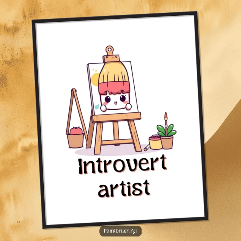 Funny Digital Art: A shy paintbrush character peeks from behind a large art easel, creating a humorous and understated art print.