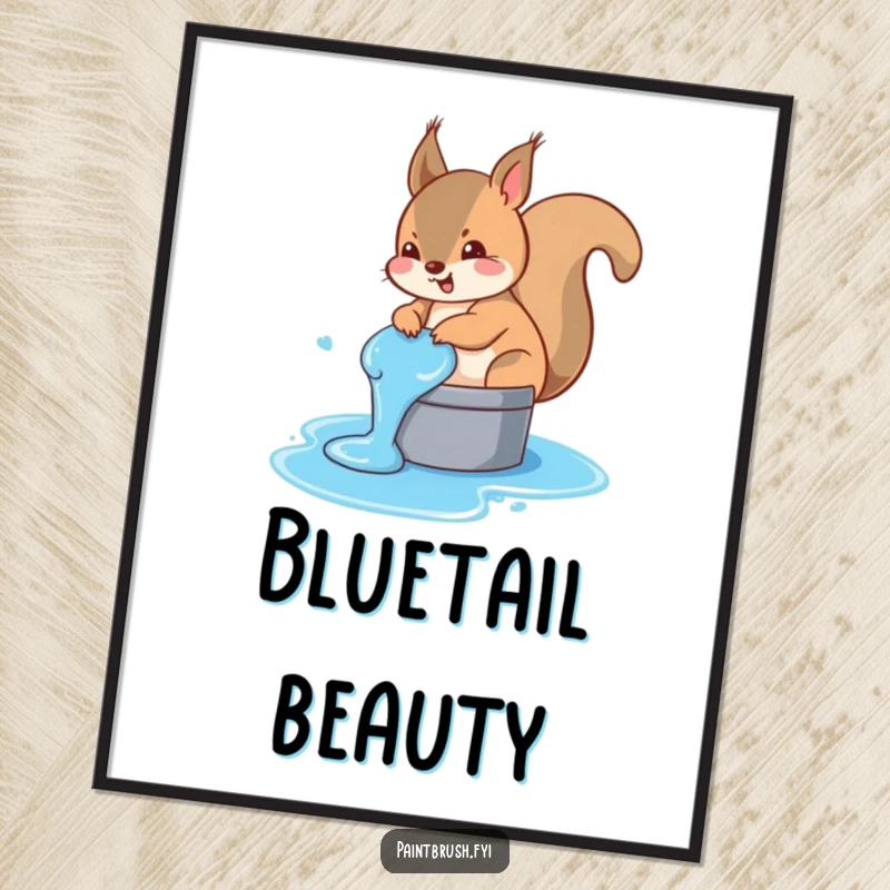 Funny squirrel digital art print of a mischievous squirrel accidentally dipping its tail in a bucket of blue paint, ready to display.