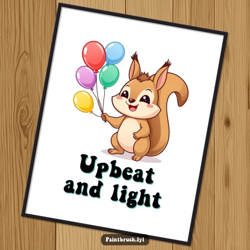 Funny Squirrel Digital Art Print of a happy squirrel juggling colorful balloons with a wide grin, ideal for playful decor.