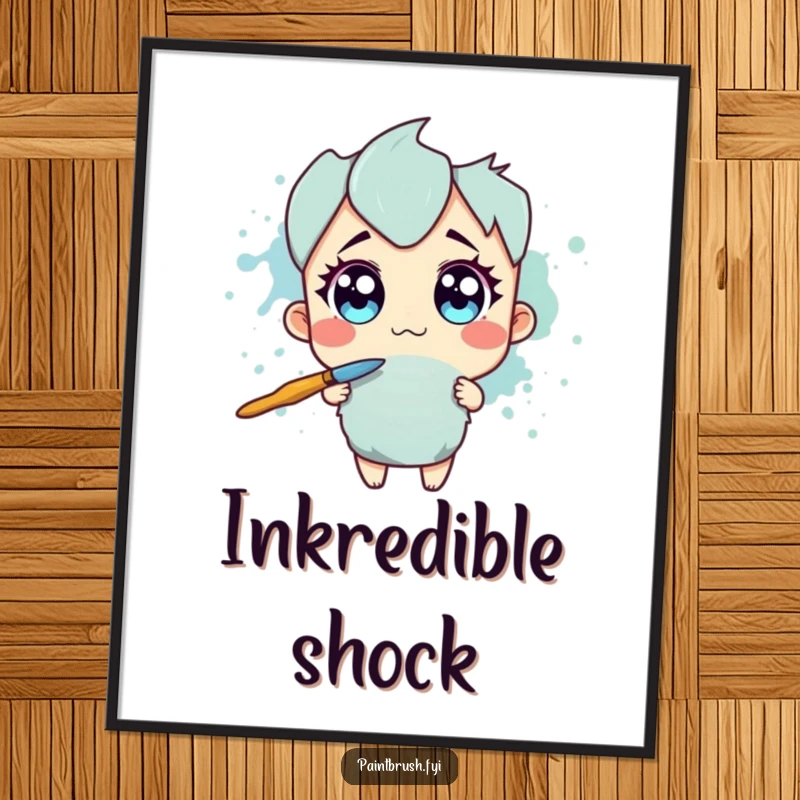Funny Digital Art Print: Paintbrush character with wide eyes recoiling from a large ink splotch, humorous wall art.