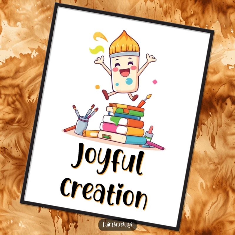Funny Digital Art: A joyful paintbrush character leaps energetically over a stack of colorful art supplies, creating a humorous art print.
