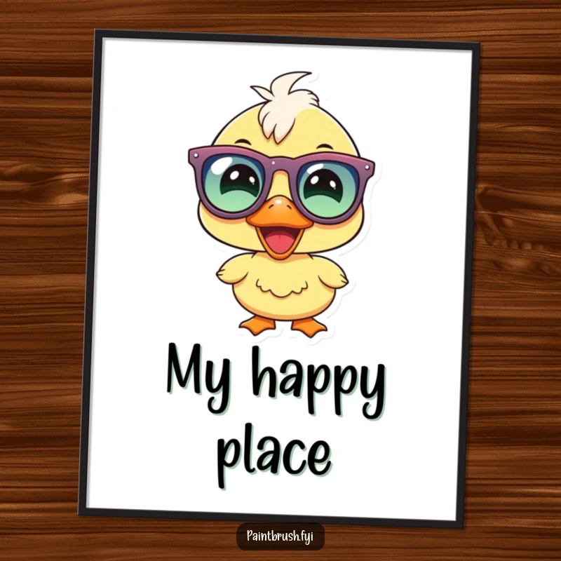 Funny duckling party digital art print, joyous duckling character with oversized party glasses, smiling, radiating fun.