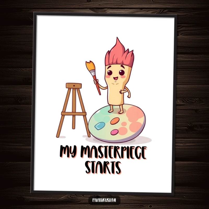 Funny digital art print depicting a determined paintbrush character standing tall on a palette, embodying creative focus, ready for download.