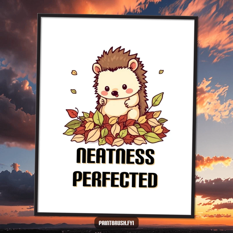 Funny digital art print of a neat hedgehog character tidying a pile of fallen leaves, symbolizing autumn coziness and order.