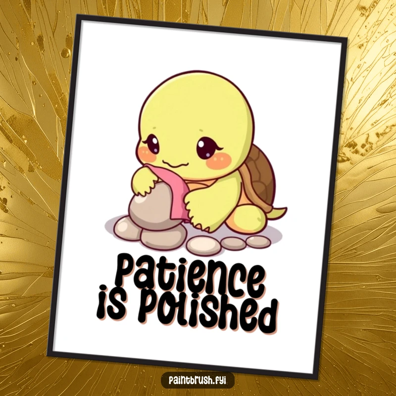 Funny digital art print of a turtle character meticulously polishing a single shiny pebble with a cloth, embodying patience.