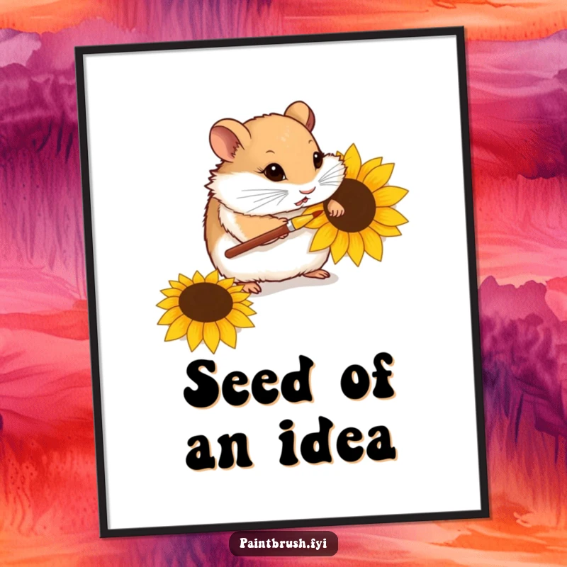 Funny digital art print of a curious hamster meticulously painting a sunflower seed with a tiny paintbrush, ready for framing.