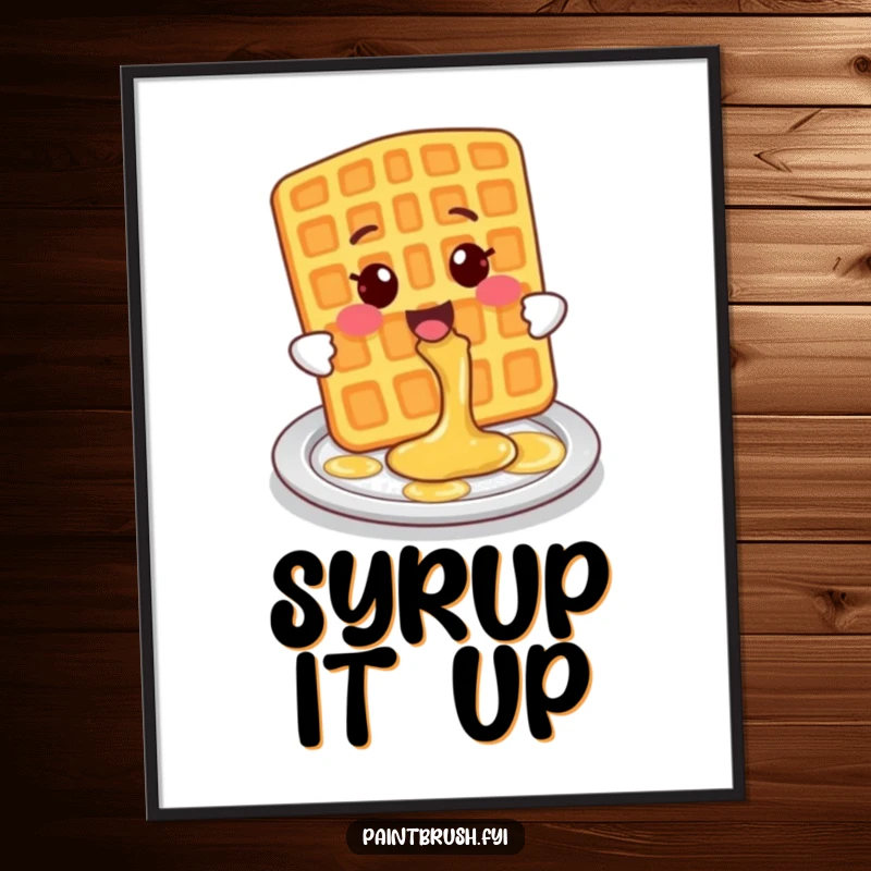 Funny Digital Art Print of a smiling waffle character playfully splashing syrup onto a plate with a joyful, delicious effect.