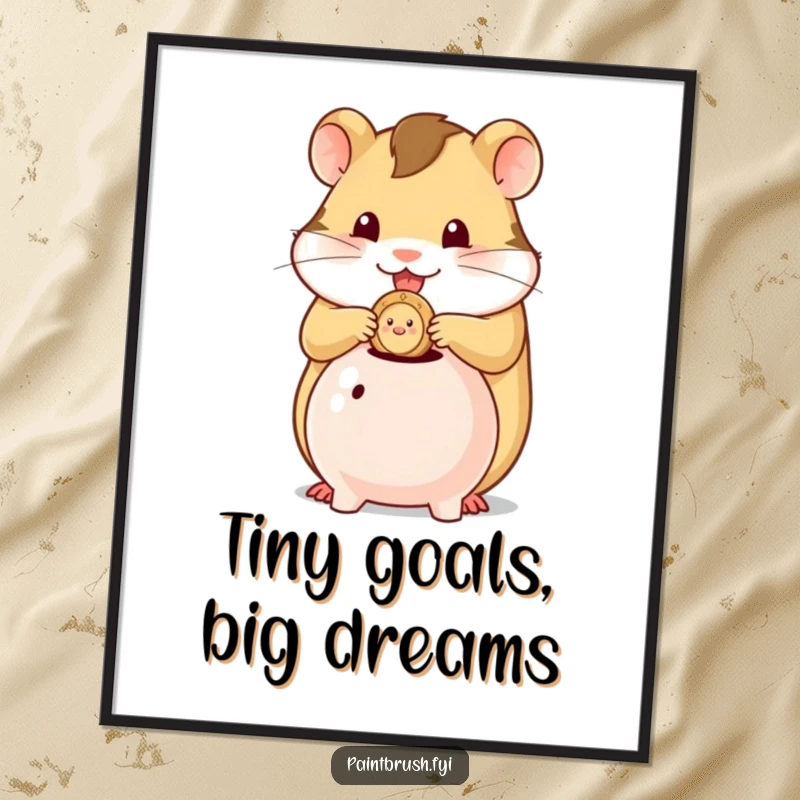 Funny digital art print of a hamster character stuffing a single coin into a tiny piggy bank, embodying thriftiness.