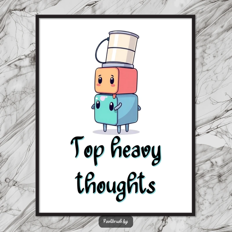 Funny cube character balancing a stack of paint cans on its head, ready to create a masterpiece, as a digital art print.