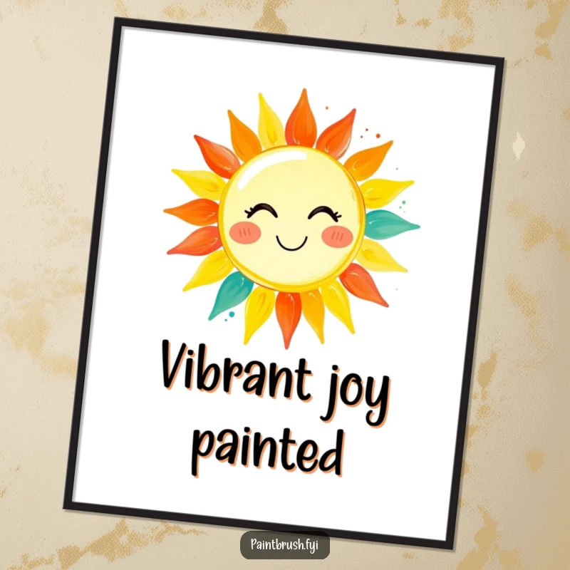 Funny digital art print of a paintbrush character painting a smiling sun with bright, vibrant hues, symbolizing creativity and happiness.