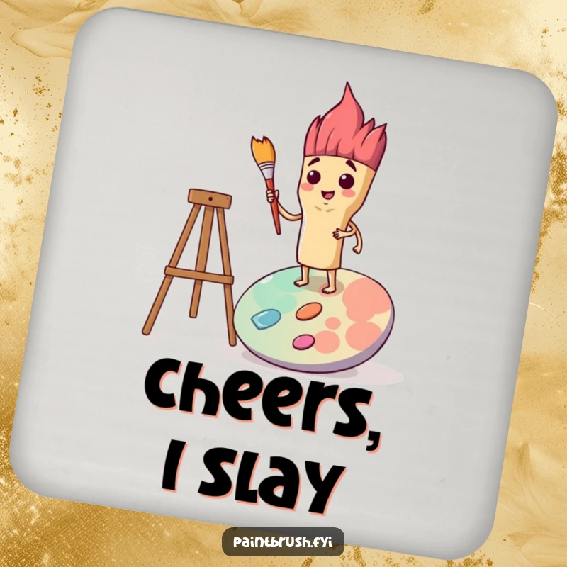 Funny coaster with a determined paintbrush character standing on a palette, adding a touch of artistic resolve to any surface.