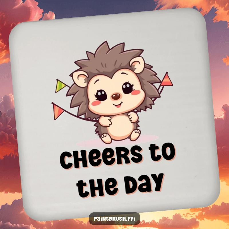 Funny hedgehog party coaster, happy hedgehog character with a striped party banner, protecting surfaces with humor.