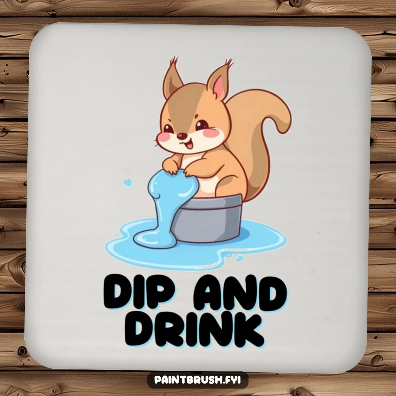 Funny squirrel drink coaster showing a mischievous squirrel accidentally dipping its tail in a bucket of blue paint, preventing spills.