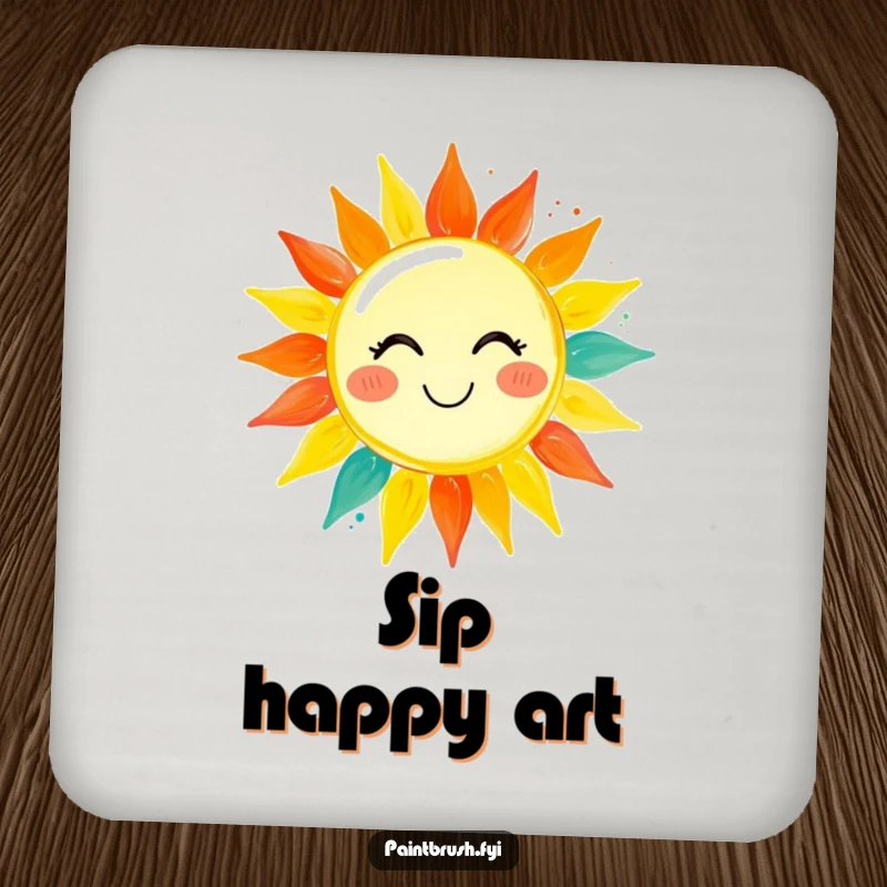Funny drink coaster featuring a paintbrush character painting a smiling sun with vibrant colors, adding artistic charm to surfaces.