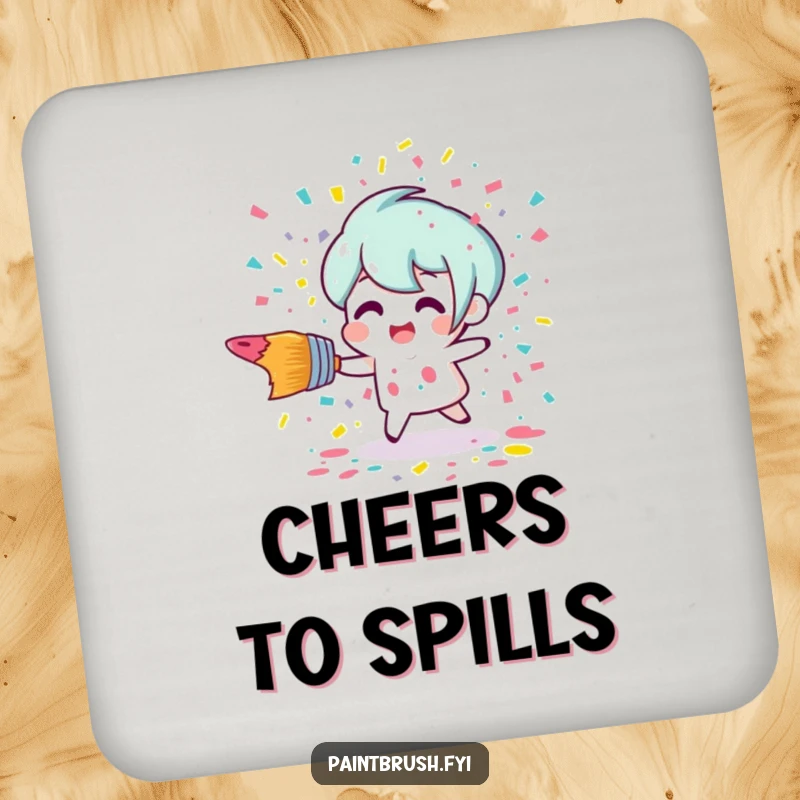 Funny tripping paintbrush scattering colorful paint confetti design on drink coasters, adding artistic humor to any surface.