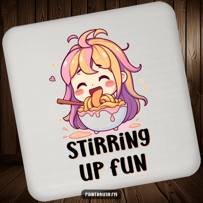 Funny character enthusiastically mixing vibrant paint colors with a giant stirrer, humorous coasters.