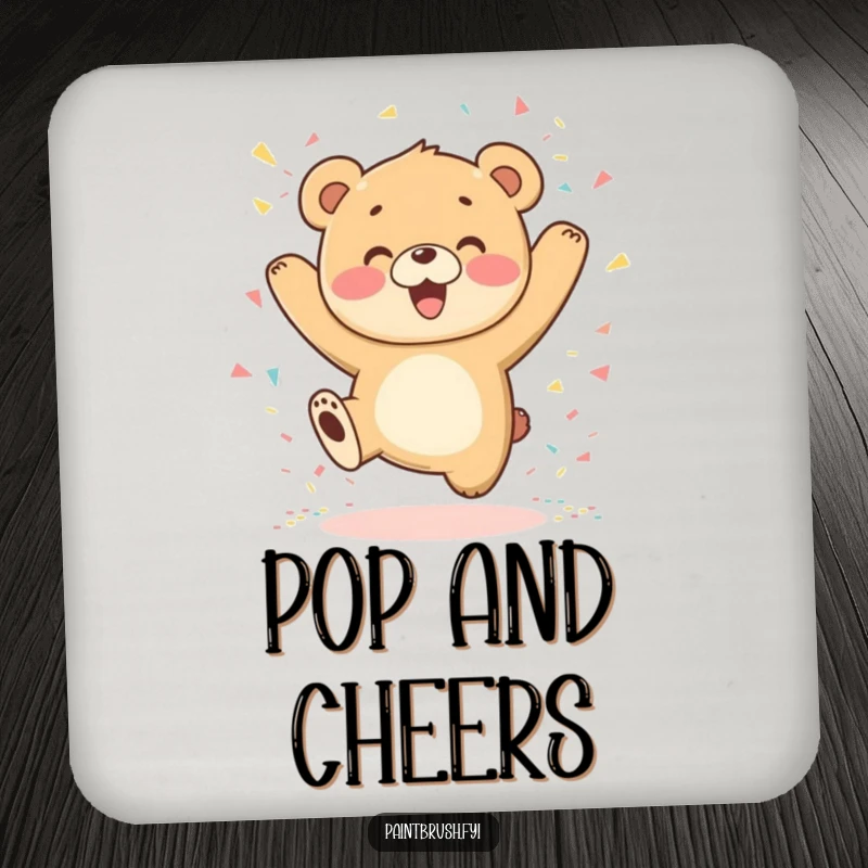 Funny Bear Cub Drink Coaster showing a happy cub jumping with confetti, adding a joyful touch to any surface.