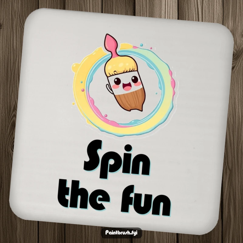 Funny Drink Coasters: Paintbrush character enthusiastically splashing paint in a vibrant spiral pattern, humorous table protection.