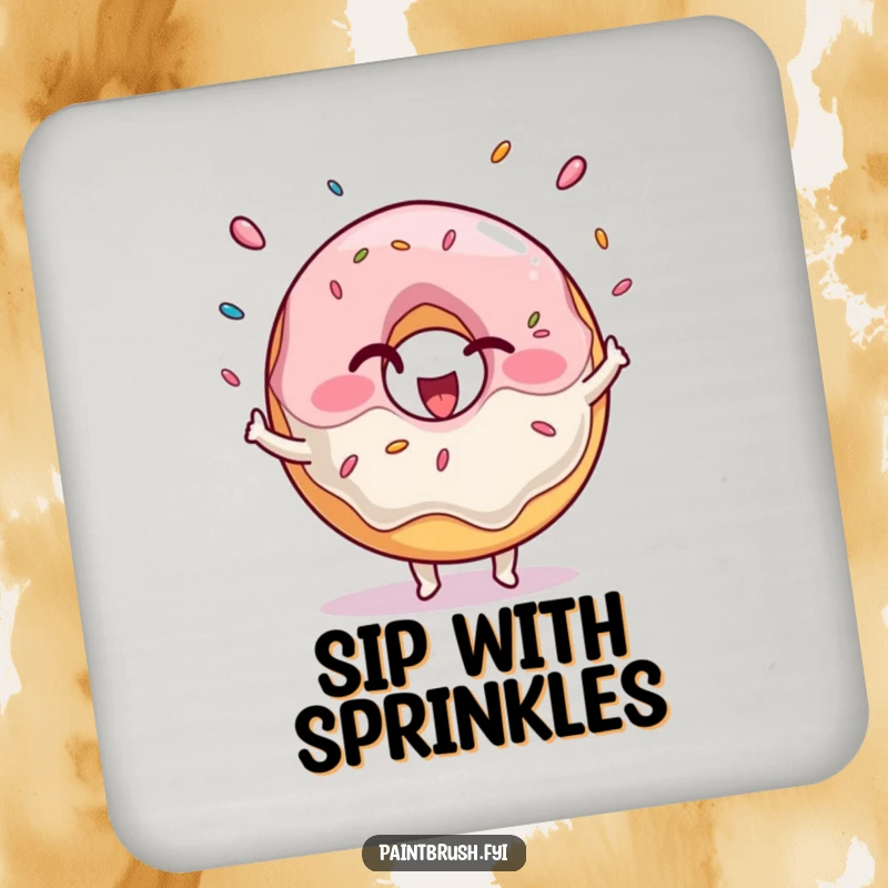 Funny Drink Coaster featuring a winking donut character juggling sprinkles, protecting tables with sweetness.