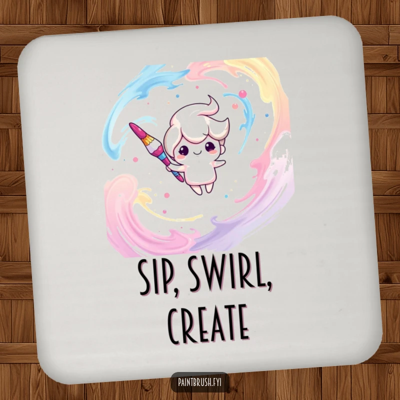 Funny coaster featuring a dreamy paintbrush character floating serenely in a splash of paint, decorative and protective.
