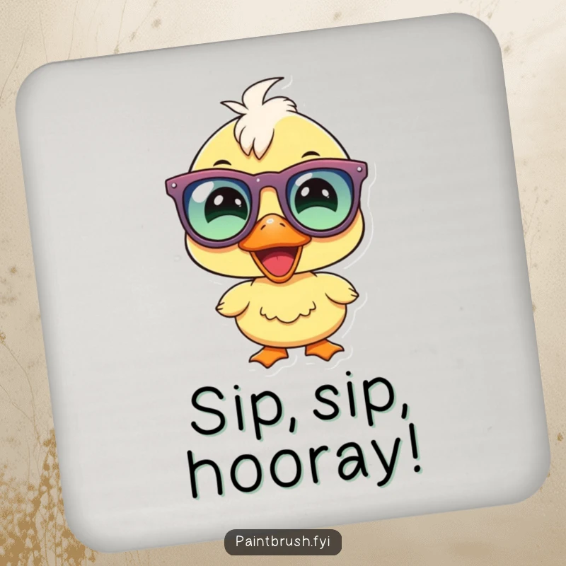 Funny duckling party coaster, joyous duckling wearing party glasses and smiling, protecting surfaces with humor.