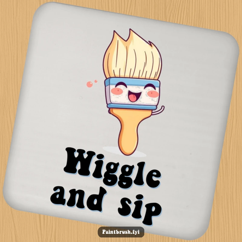 Funny paintbrush coaster featuring a character playfully wiggling its bristles with glee, adding artistic humor to tabletops.