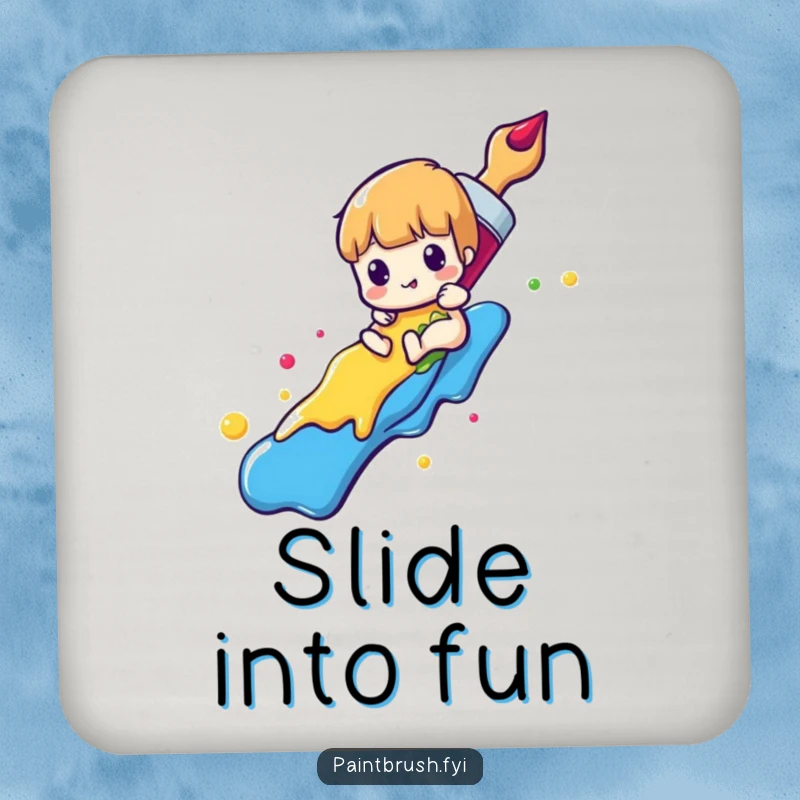 Funny paintbrush coaster featuring a character sliding down a rainbow of colorful paint, adding artistic humor to tabletops.