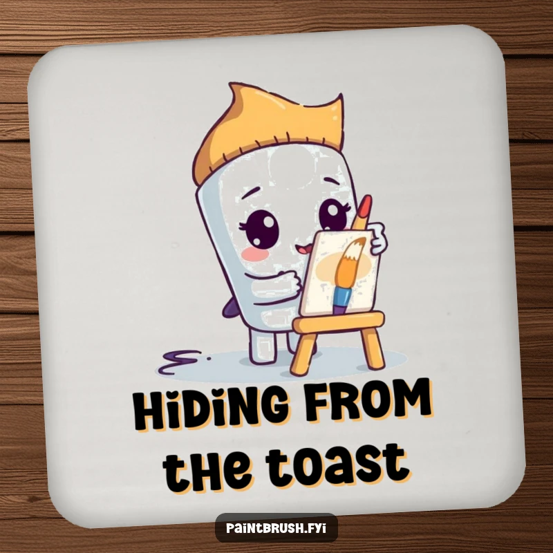 Funny paintbrush character hiding behind a small easel, on a drink coaster, a funny and practical shy art accessory.